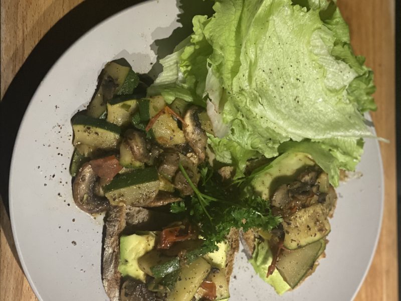 Sautéed Mushrooms Zucchini & Tomatoes in Lettuce Wraps & on Avocado Wheat & Rye Sourdough Toast